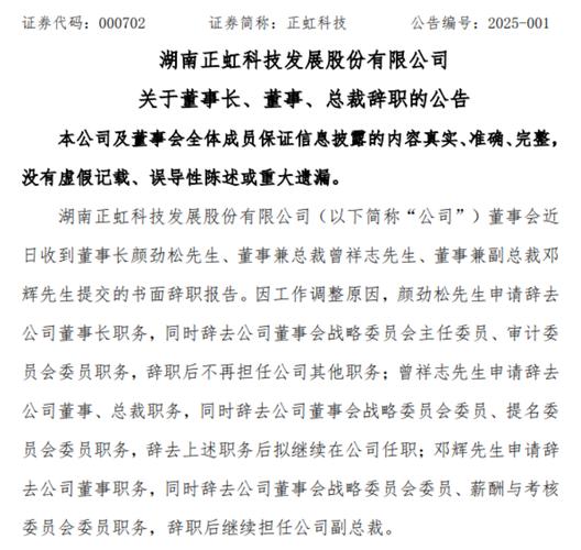 正虹科技董事长等3人辞职 控股股东提名3位新董事候选人